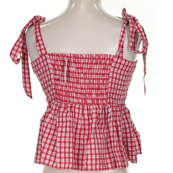NWT MADEWELL Sleeveless Tie Shoulder Peplum Smocked Back Plaid Top Size Small - Picture 5 of 6